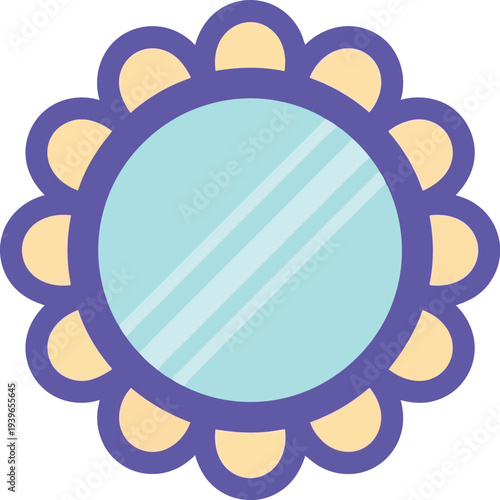 Cute Round Hand Mirror Icon with Decorative Floral Frame in Pastel Colors, Flat Vector Illustration