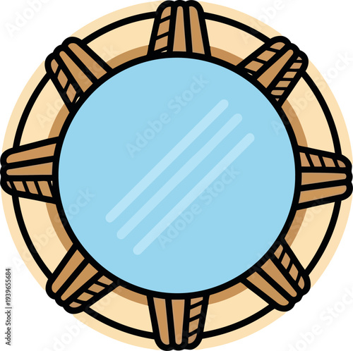 Nautical Ship Wheel Vector Icon with Blue Glass Center and Wooden Spokes for Marine Design
