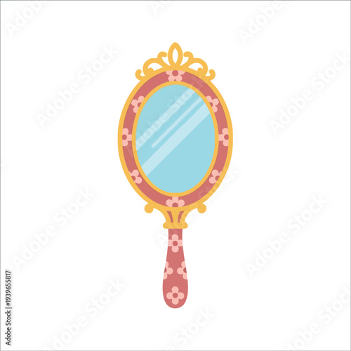 Vintage floral hand mirror illustration isolated on white background for beauty and fashion design