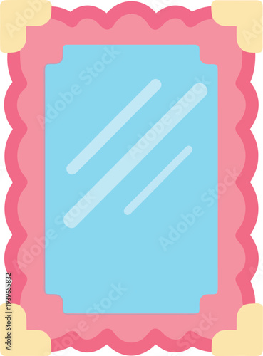 Cute decorative mirror with pink scalloped frame in flat cartoon style on white background