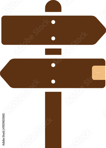 Brown wooden direction signpost icon isolated on white background, vector flat illustration for navigation and travel concepts