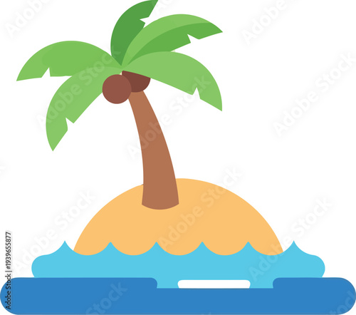 Tropical Island Vector Icon with Palm Tree and Ocean Waves for Summer and Travel Designs