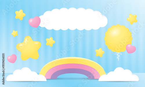colorful pastel rainbow stand and cloud display props on soft blue background with cute kawaii stars and hearts and round balloon 3d illustration vector for putting product or object