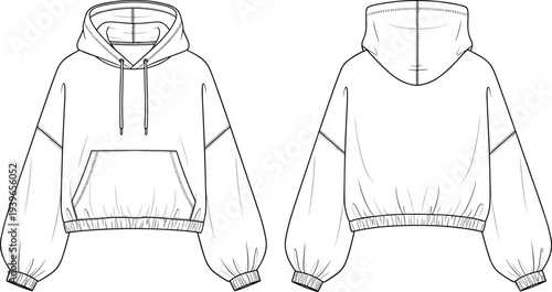 Women oversized hoodie technical sketch set, drop shoulder hooded sweatshirt with pocket, fashion flat template, cad drawing flat vector illustration