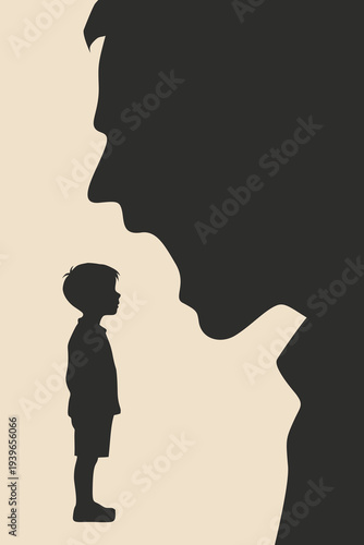 Shouting Father Looms Over Scared Child Silhouette: Dysfunctional Family Trauma, Noise