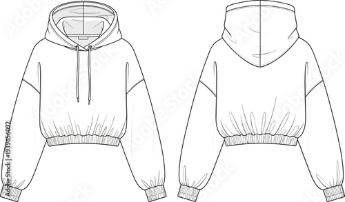 Women cropped hoodie technical sketch set, drop shoulder hooded sweatshirt, fashion flat template, cad drawing flat vector illustration, activewear apparel
