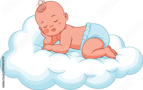 Cute newborn baby sleeping on fluffy cloud, cartoon infant in diaper, sweet dreams character, nursery art, cad drawing flat vector illustration,