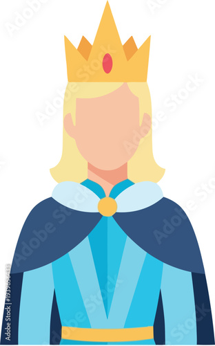 Flat vector illustration of a blonde queen in blue royal cape and golden crown for fairytale or fantasy design