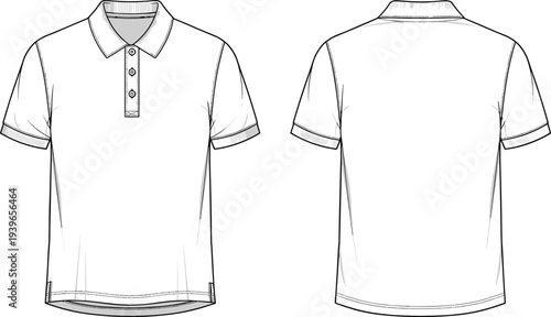 Polo shirt fashion flat sketch, short sleeve pique polo technical cad drawing, front and back view, vector apparel template illustration