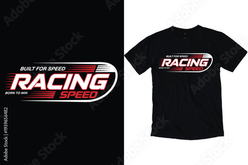 Built for speed racing text with oval frame and horizontal motion streaks for automotive club t-shirt design and sports emblem
