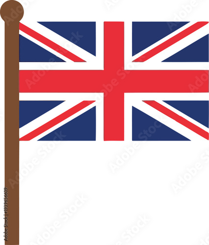 Vector illustration of United Kingdom Union Jack flag on pole, flat design, British national symbol
