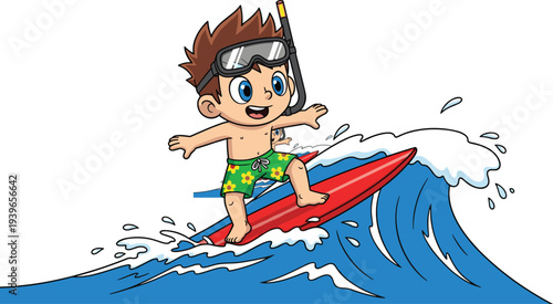 Happy Cartoon Boy Surfing on Big Blue Ocean Wave Wearing Snorkel Mask and Green Floral Swim Trunks Isolated on White Background