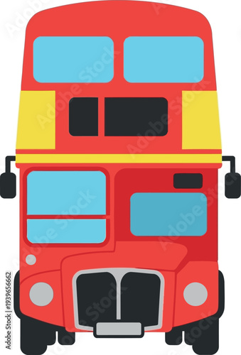 Flat vector illustration of classic red London double-decker bus front view for travel and transportation design