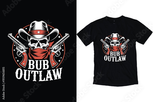 Skull cowboy outlaw t shirt design featuring skeleton with hat revolvers and red bandana for vintage western themed apparel
