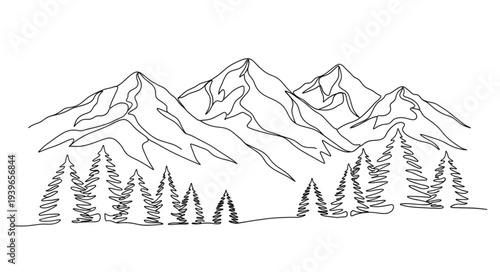 Minimalist Mountain Landscape Sketch with Trees.