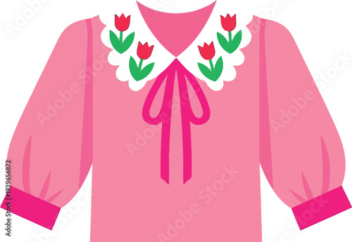 Pink blouse with floral embroidered collar and puff sleeves, spring fashion vector illustration