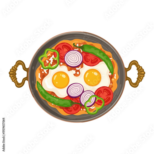 Menemen Traditional Turkish Scrambled Eggs with Vegetables Flat Vector Illustration.