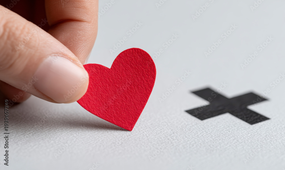 Fototapeta premium Hand hold red heart near black cross mark on white textured background