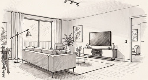 Modern Living Room Interior with Couch and TV.