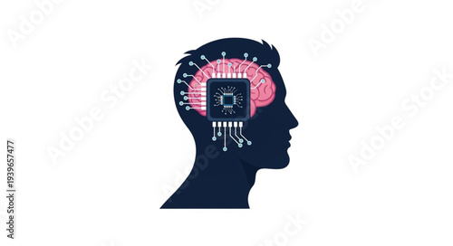 Silhouette of Human Head with Digital Brain Illustration.