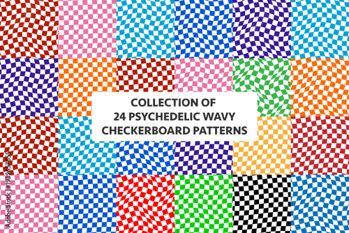 Mega bundle of 24 wavy checkerboard patterns. Huge collection of abstract distorted grid backgrounds, colorful psychedelic square warp and geometric optical illusion vector illustrations set
