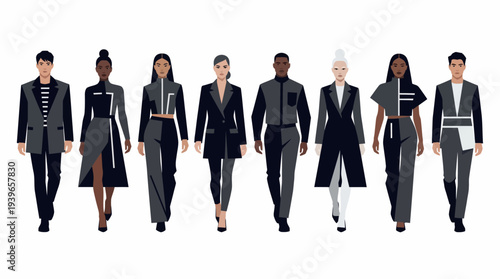 Diverse fashion models walking confidently in modern attire on a clean white background from a frontal viewpoint