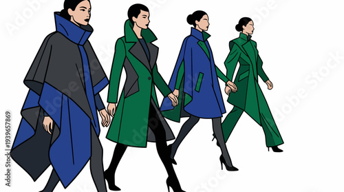 Four women walking together in fashion forward coats and stylish outfits on a urban street