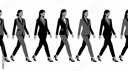 Fashion models walking in unison, showcasing various business attire, from different angles and perspectives in a high-fashion setting.