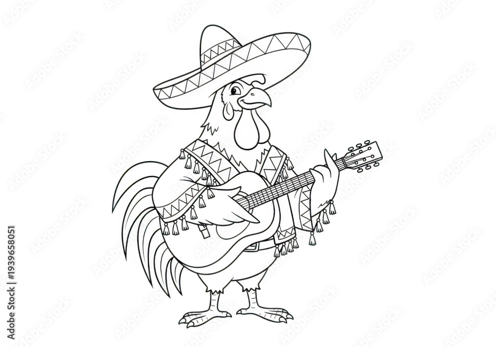 Fototapeta premium A cartoon rooster wearing a sombrero and playing guitar