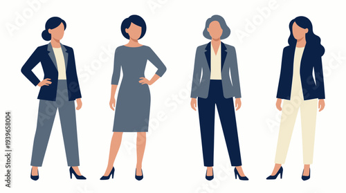 Four women in different fashion outfits standing confidently in a row, showcasing various styles and poses in a clean illustration from a straight-on viewpoint.