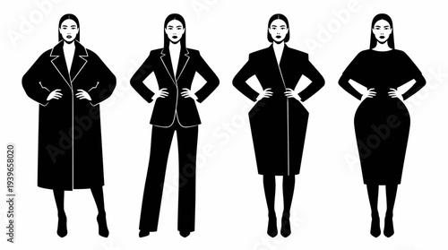 Four women in different fashion styles standing confidently with hands on hips, illustrated in a minimalist black and white vector graphic