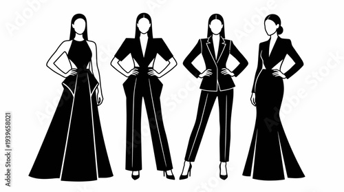 Four women in diverse fashion attire standing confidently with hands on hips, showcasing elegant eveningwear and businesswear illustrations.