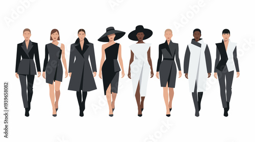 Diverse women walking in various fashion styles and outfits on a clean white background from a front viewpoint