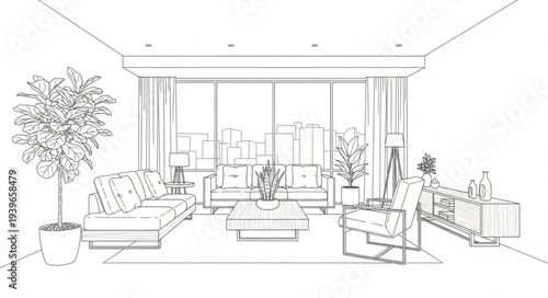 Modern Living Room Interior with Large Windows and Comfortable Furniture.