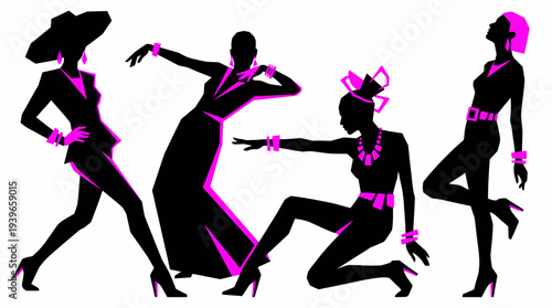 Silhouettes of women in dynamic poses showcasing fashion styles with accessories and hats in a vibrant graphic illustration