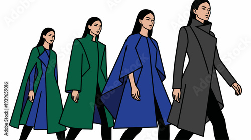 Four women walking in fashion-forward clothing with coats and capes in various colors on a white background from a straightforward viewpoint