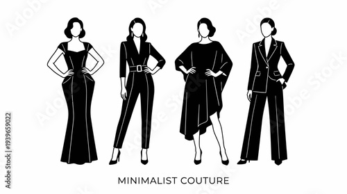 Four women showcasing diverse fashion styles in minimalist couture illustrations from a front viewpoint