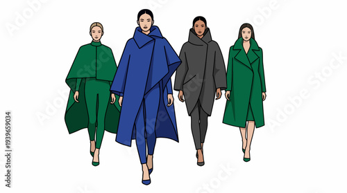 Four women walking together in fashionable attire, showcasing diverse fashion styles and clothing in a illustration