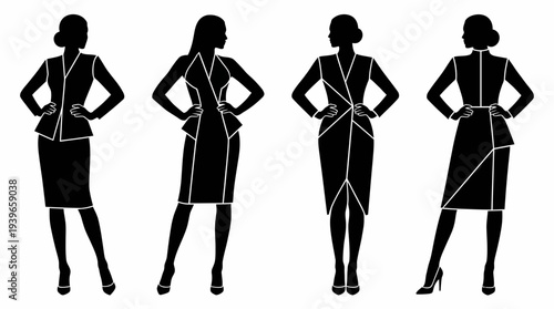 Four women in fashionable business attire standing confidently with hands on hips, illustrated in a minimalist black silhouette style
