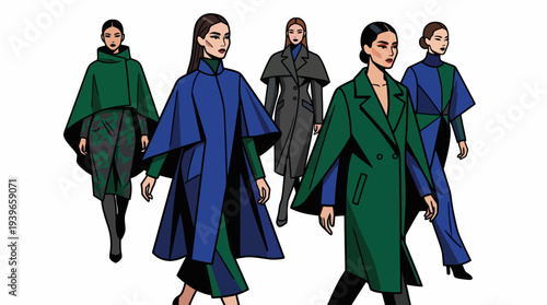 Fashion models walking in stylish coats and capes, showcasing modern attire and elegance in a vector illustration