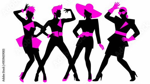 Four fashionable women posing together in stylish outfits, enjoying a fun night out together in modern fashion