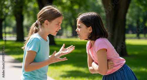 Two young girls arguing with expressive gestures in a sunny outdoor setting