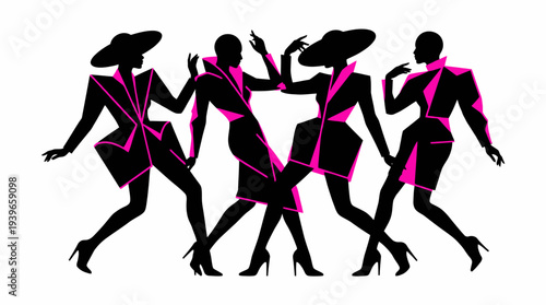 Fashion models walking in various poses on a runway during a fashion show with neon accents