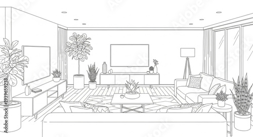 Minimalist Living Room Interior Sketch Illustration.