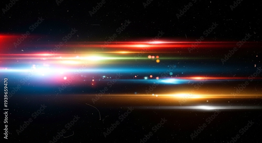 Fototapeta premium Multi-colored Light Streaks and Bokeh Particles with Film Grain on a Dark Background stock upscaled