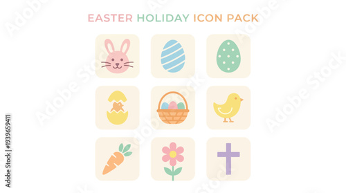 Happy Easter holiday icon pack featuring cute bunny, decorated easter egg, chicks, carrot, flower, and cross symbols