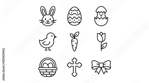 A delightful collection of minimalist Easter icons, including a cute bunny, a decorated easter egg, a chick hatching from an egg, a spring flower, and symbolic cross, perfect for holiday designs