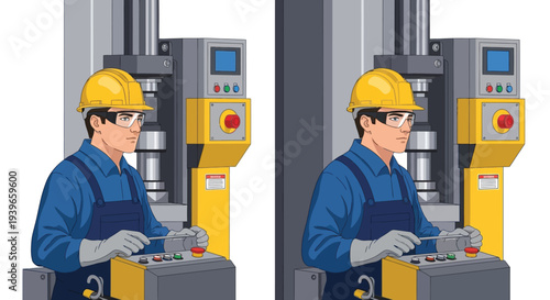 Professional male industrial worker safely operating production machinery using a control panel vector graphic.