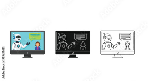 Artificial intelligence robot assistant vector illustration interacting with a human woman on a computer monitor.