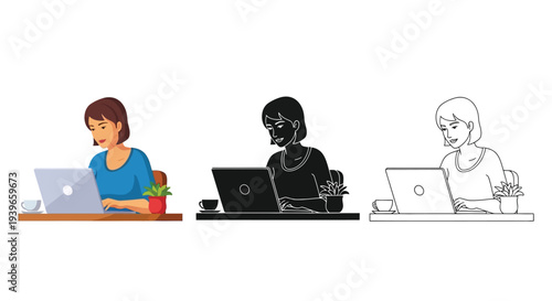 Collection of vector graphic illustrations depicting a focused woman working diligently on a modern laptop computer